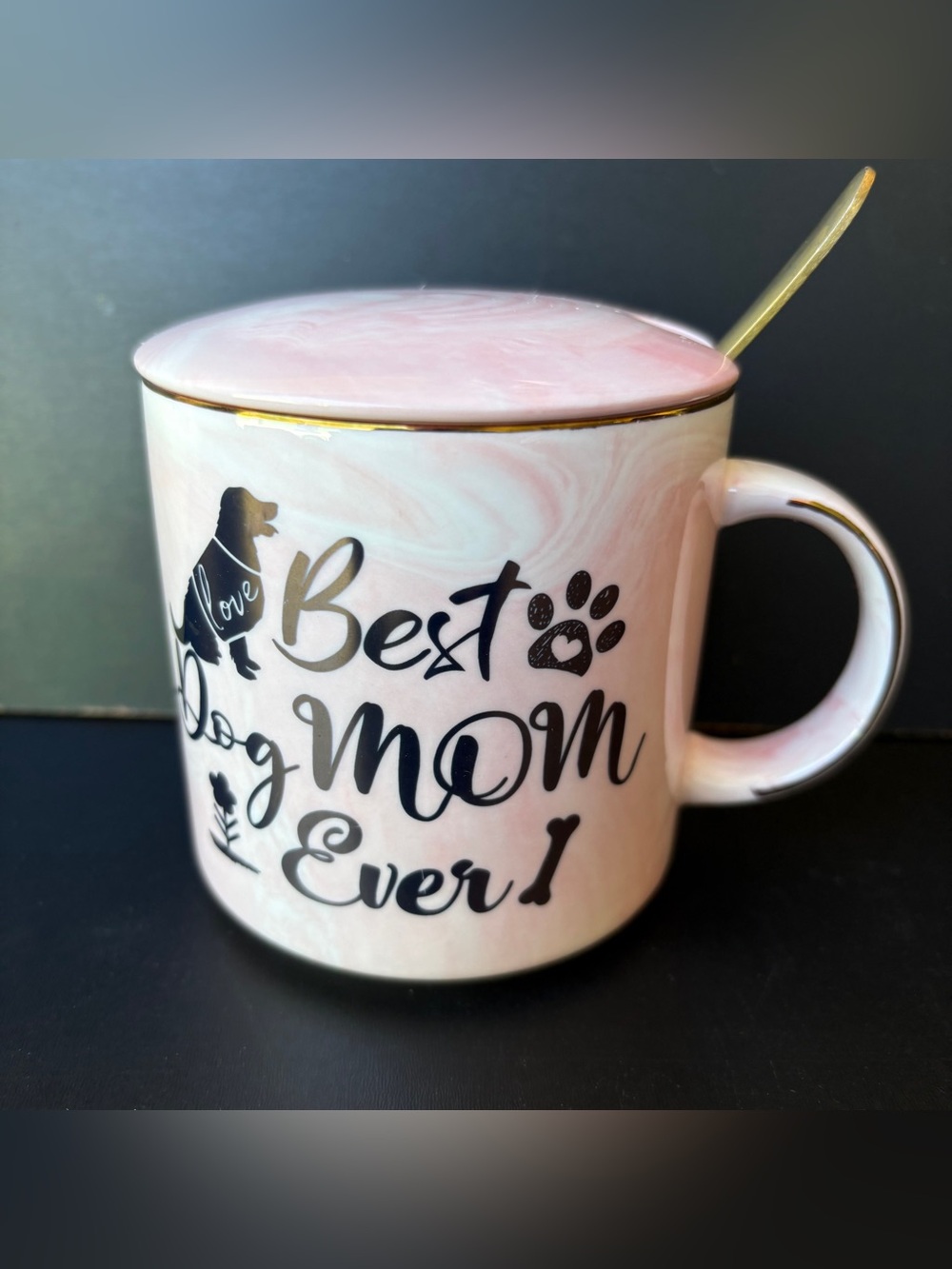 Ceramic Best Dog Mom Marble Gold Pattern Coffee Mug Cup Spoon Lid